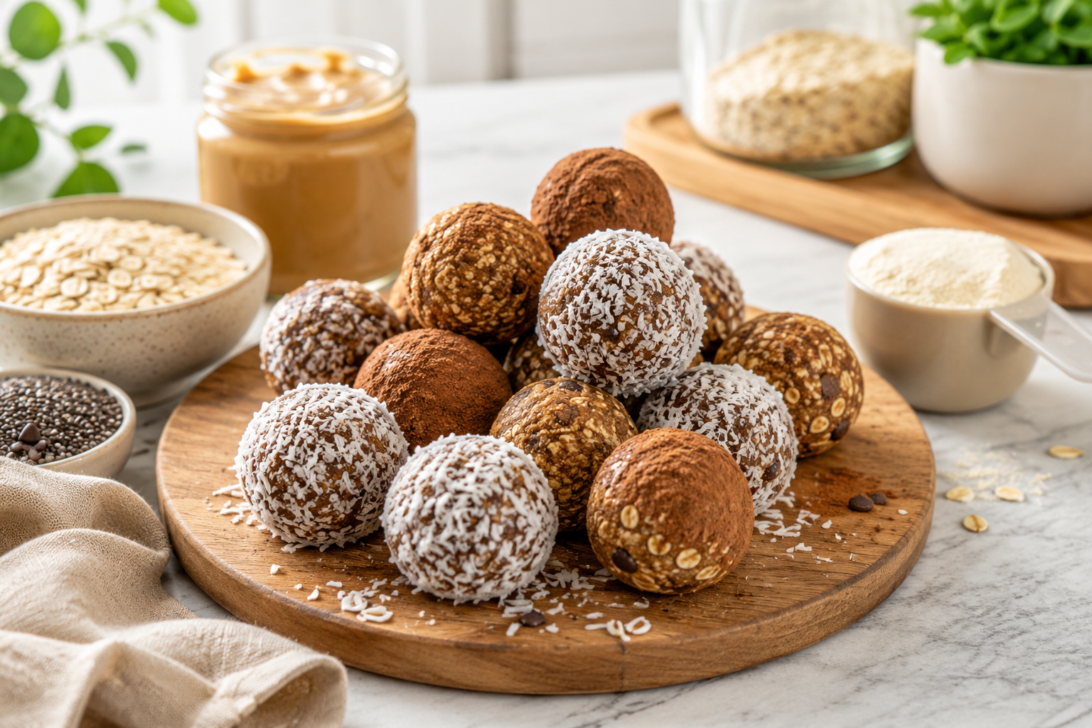 Fresh homemade high protein balls coated with cocoa powder and shredded coconut on a wooden serving board with oats, peanut butter and chia seeds in a bright modern kitchen.