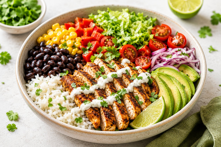 High protein burrito bowl with seasoned chicken, rice, black beans, corn, avocado, tomatoes, peppers, lettuce, and creamy Greek yogurt sauce.