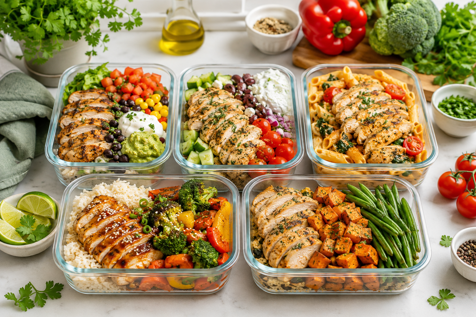 Five healthy high protein chicken meal prep recipes with chicken bowls, chicken pasta, vegetables, rice, sweet potatoes, and colorful fresh ingredients.