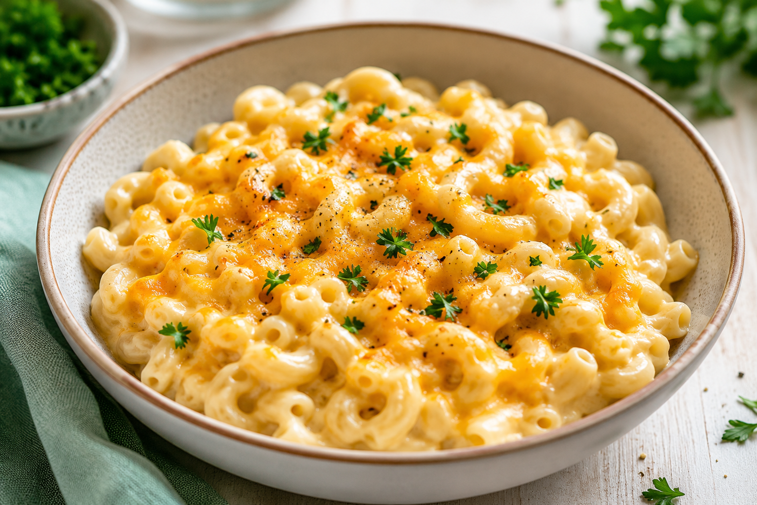 Creamy high protein mac and cheese with golden melted cheddar cheese and fresh herbs served in a modern ceramic bowl on a bright wooden kitchen table.