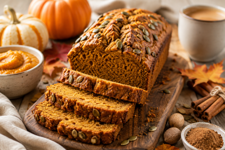 Freshly baked high protein pumpkin bread on a wooden table with pumpkin puree, cinnamon sticks, nutmeg, and autumn leaves.