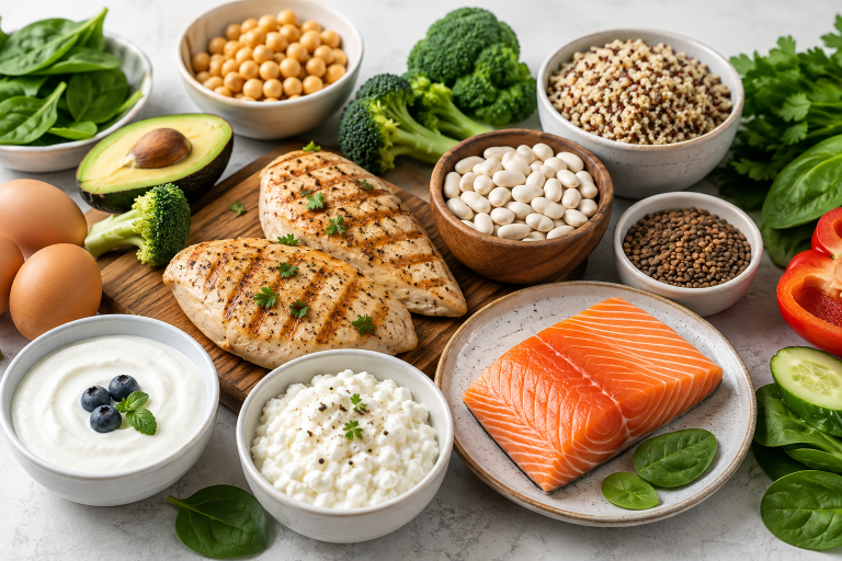 Protein for weight loss foods including eggs, yogurt, chicken, beans, and other high-protein ingredients.