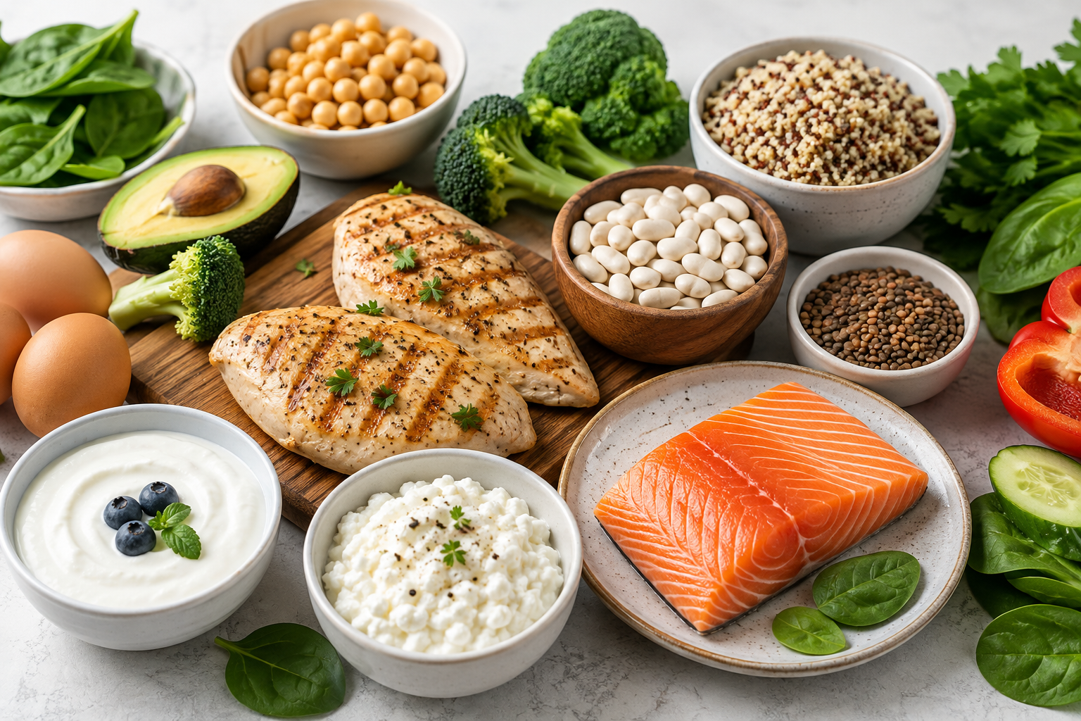 Protein for weight loss foods including eggs, yogurt, chicken, beans, and other high-protein ingredients.