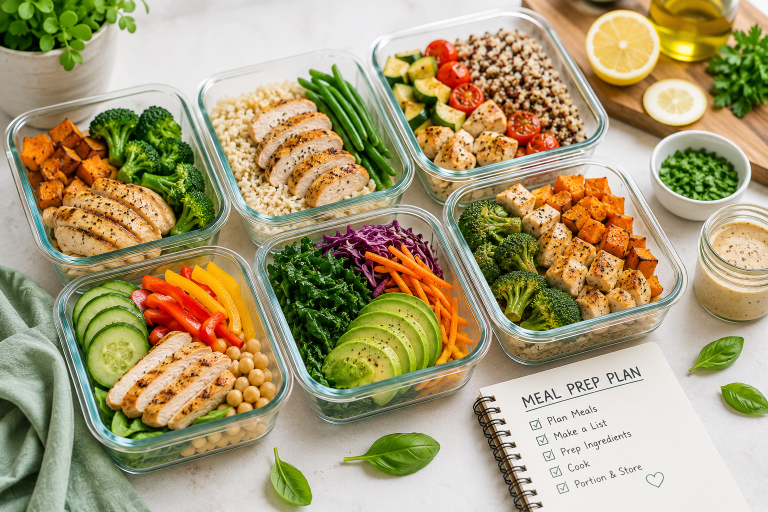 Healthy meal prep containers filled with chicken, rice, roasted vegetables, and fresh greens arranged on a bright modern kitchen counter.