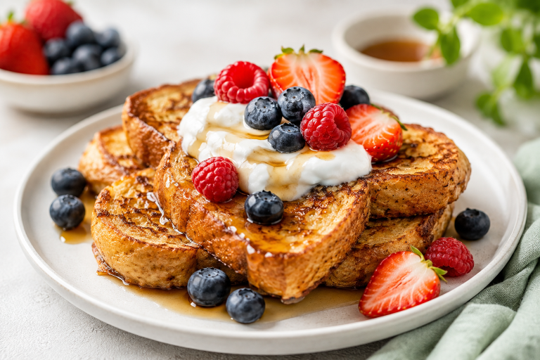 Golden brown protein French toast topped with Greek yogurt, fresh strawberries and blueberries, with a light drizzle of maple syrup on a bright breakfast table.