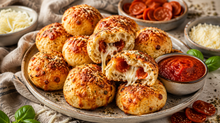 Golden-brown protein packed pizza bites filled with melted mozzarella and pepperoni, served with marinara sauce for dipping.