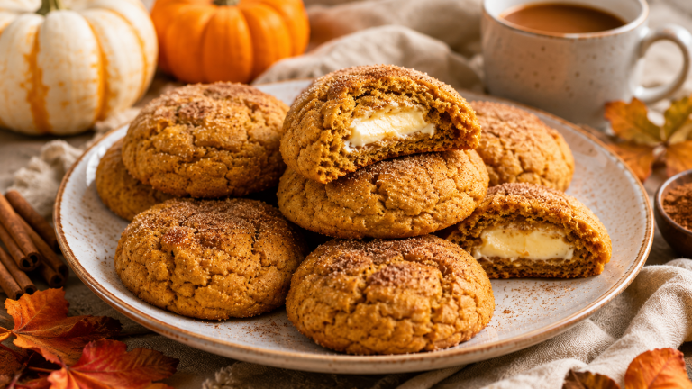 Soft pumpkin cheesecake cookies with pumpkin spice flavor and a creamy cheesecake filling, photographed as a cozy fall dessert.