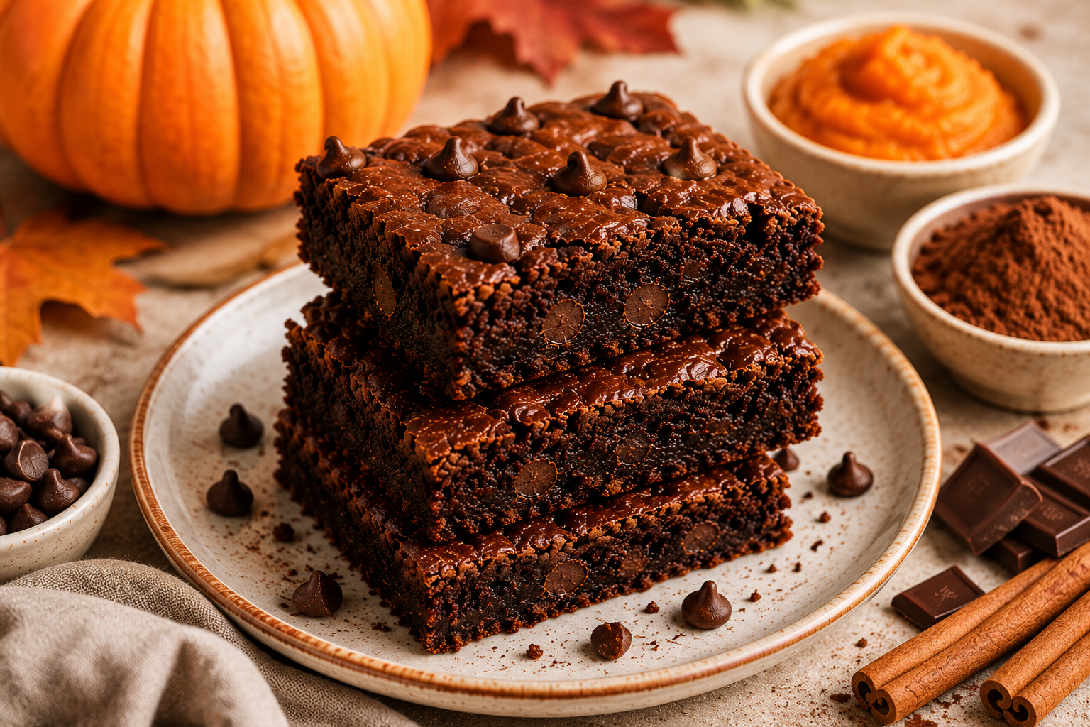 Fudgy Pumpkin Chocolate Brownies with pumpkin puree, cocoa, chocolate chips and warm fall spices.