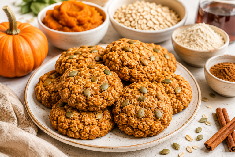 Soft pumpkin protein cookies with oats, pumpkin puree and warm pumpkin spice, served as a healthy fall snack.