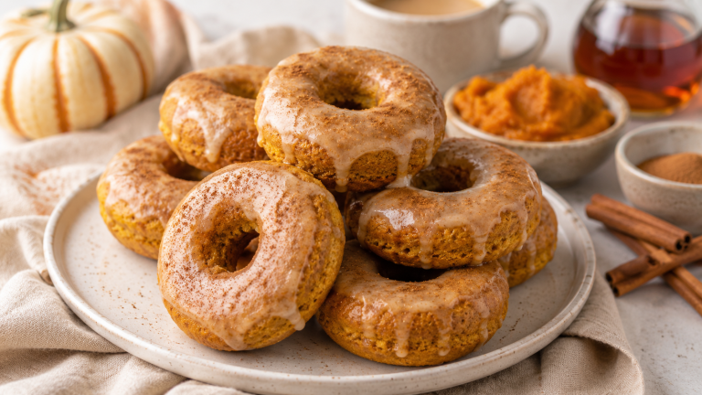 Baked Pumpkin Protein Donuts with warm pumpkin spice flavor and a light glaze, served as a cozy healthy fall treat.