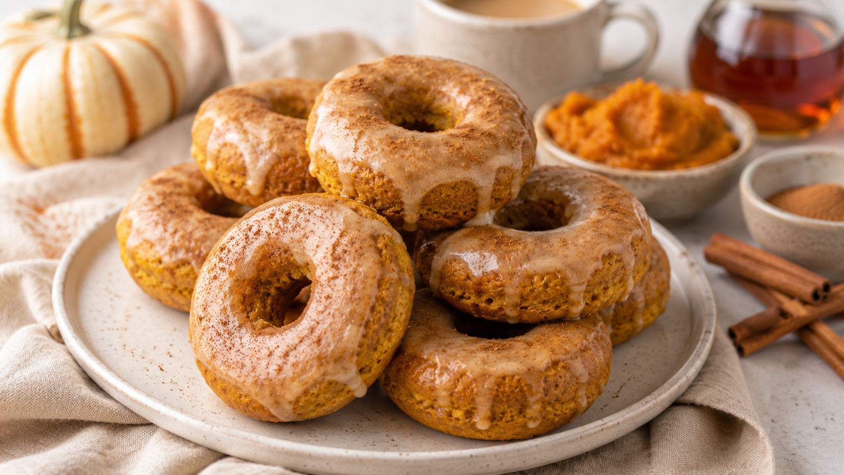 Baked Pumpkin Protein Donuts with warm pumpkin spice flavor and a light glaze, served as a cozy healthy fall treat.