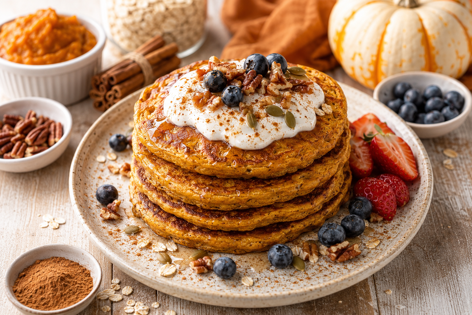 Pumpkin protein pancakes topped with Greek yogurt, pecans, cinnamon, and fresh berries on a rustic breakfast table.