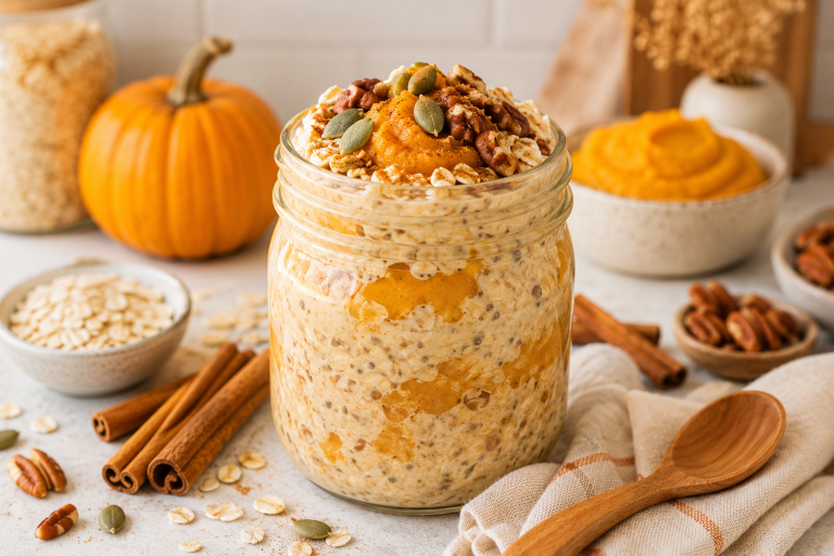 Creamy pumpkin spice overnight oats served in a glass jar and topped with pumpkin puree, cinnamon, pecans, pumpkin seeds, and oats in a bright autumn kitchen.