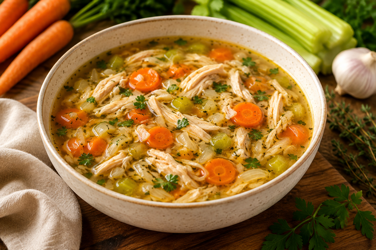Slow Cooker Chicken Soup with tender chicken, carrots, celery, herbs, and flavorful broth.