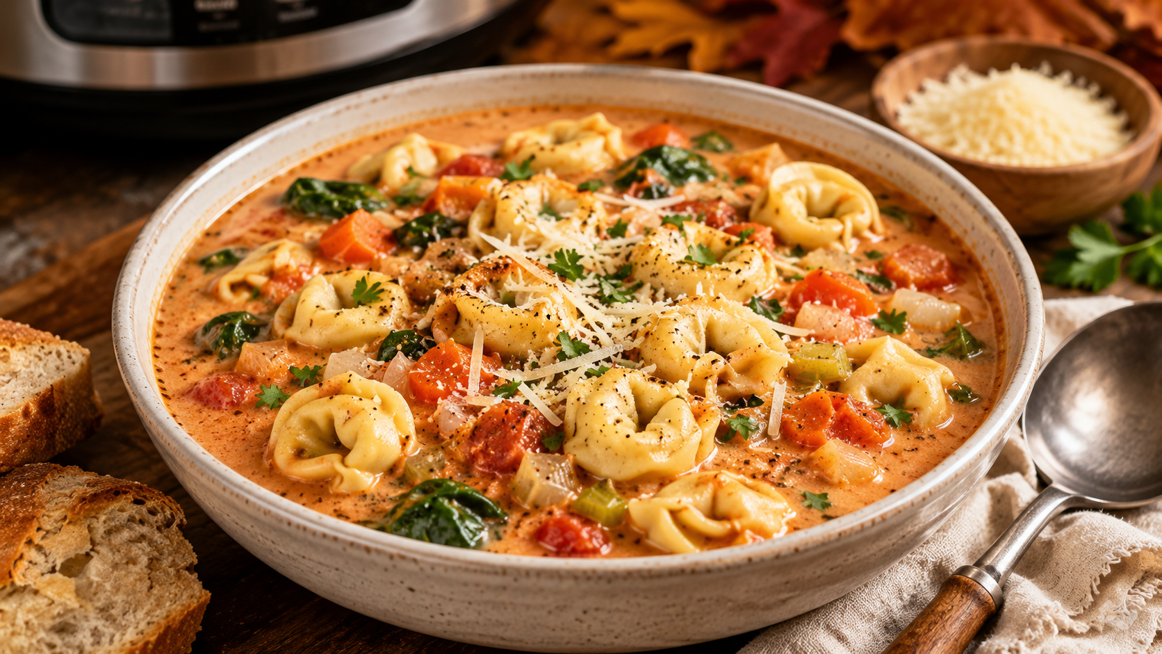 Creamy slow cooker tortellini soup with cheese tortellini, vegetables, spinach, tomatoes, and Parmesan, served as a cozy fall dinner.