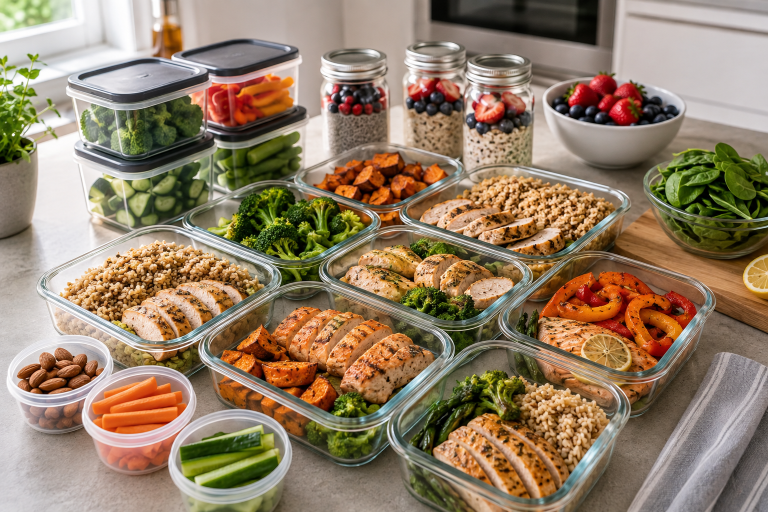 Healthy Sunday meal prep with containers filled with chicken, vegetables, rice, fruit, and other nutritious foods prepared for the week.