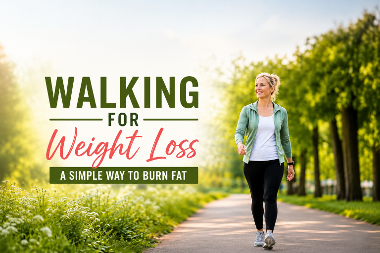 Woman walking on a sunny nature trail wearing comfortable walking shoes and fitness clothing, representing walking for weight loss and a healthy lifestyle.