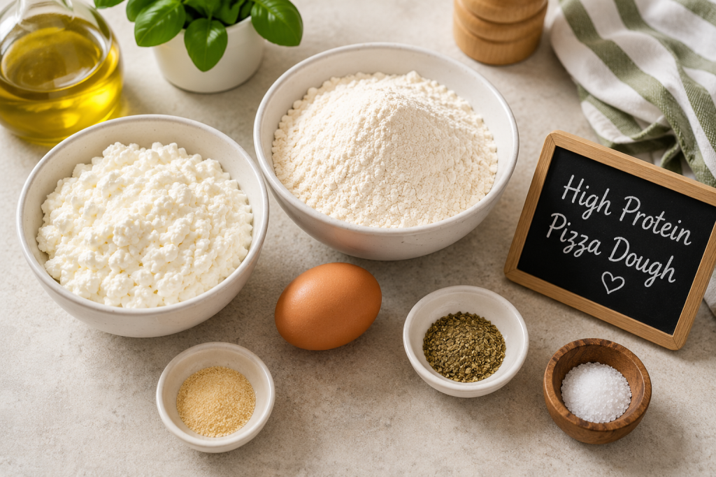 Ingredients for high protein pizza dough including cottage cheese, flour, egg, Italian herbs, and garlic powder arranged neatly on a kitchen countertop.