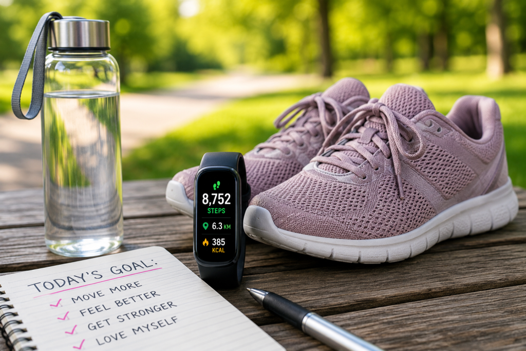 Fitness tracker displaying daily step count beside walking shoes and a reusable water bottle on a park bench, illustrating walking for weight loss and daily activity tracking.