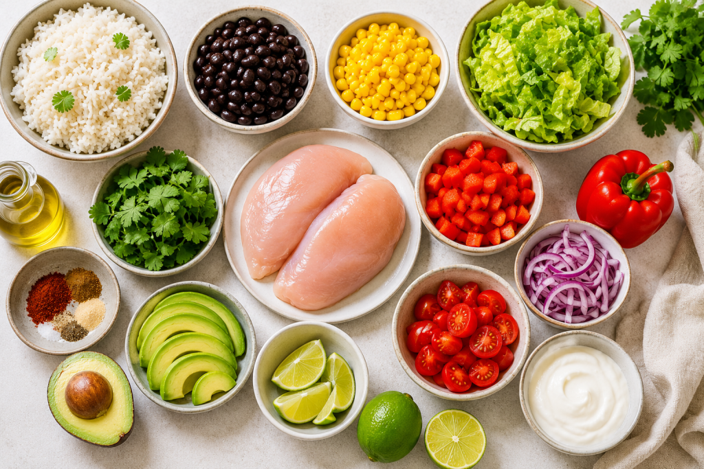 Fresh ingredients for a high protein burrito bowl including seasoned chicken, rice, black beans, corn, avocado, tomatoes, bell peppers, lettuce, lime, and Greek yogurt. high protein burrito bowl