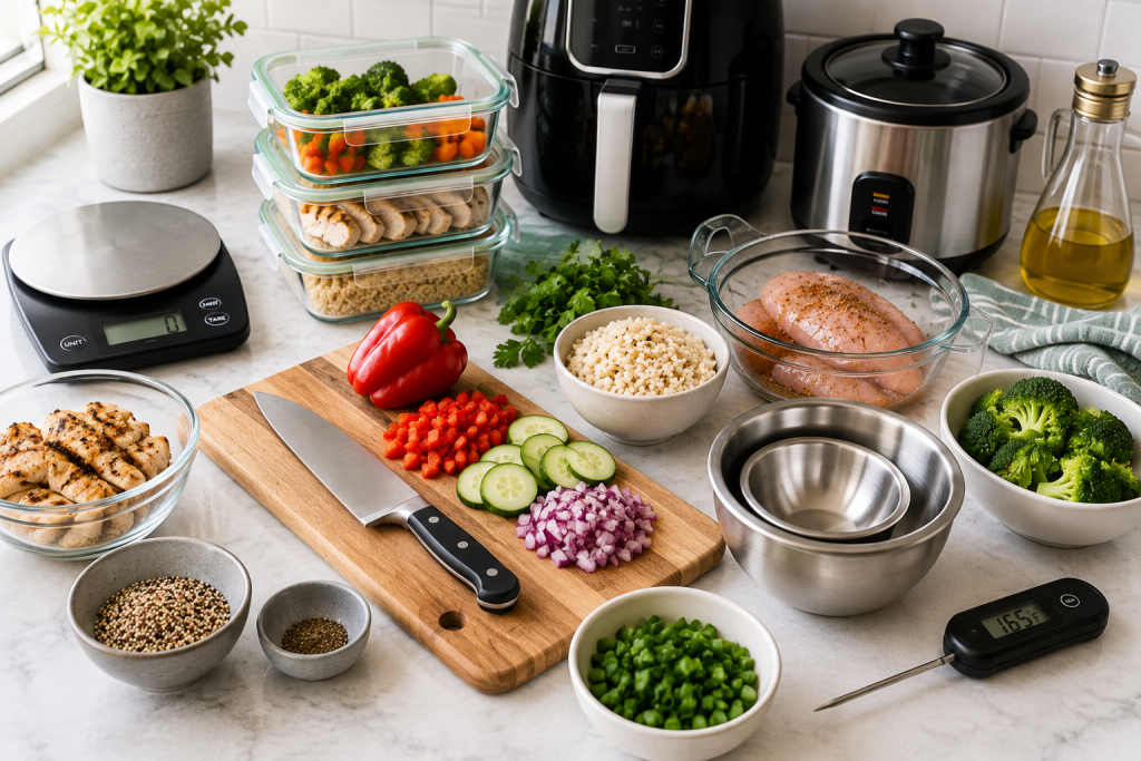 Essential kitchen tools for high protein meal prep including a digital kitchen scale, glass meal prep containers, chef's knife, cutting board, mixing bowls, chicken, vegetables, and rice.