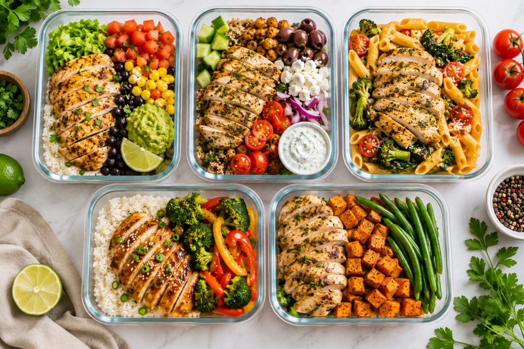 Five high protein chicken meal prep meals including burrito bowls, Mediterranean chicken, chicken pasta, honey garlic chicken, and chicken with sweet potatoes and vegetables.