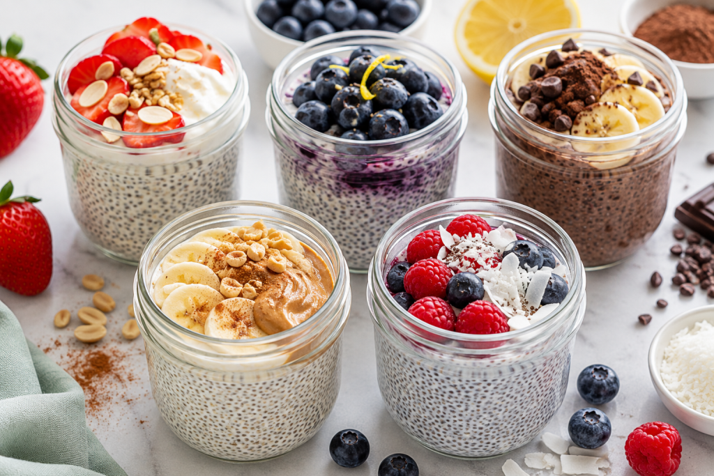 Five healthy chia pudding flavors including strawberry vanilla, blueberry lemon, chocolate, peanut butter banana, and coconut berry.
