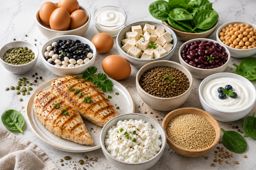 Healthy high-protein foods including chicken, fish, eggs, Greek yogurt, beans, tofu, and quinoa.