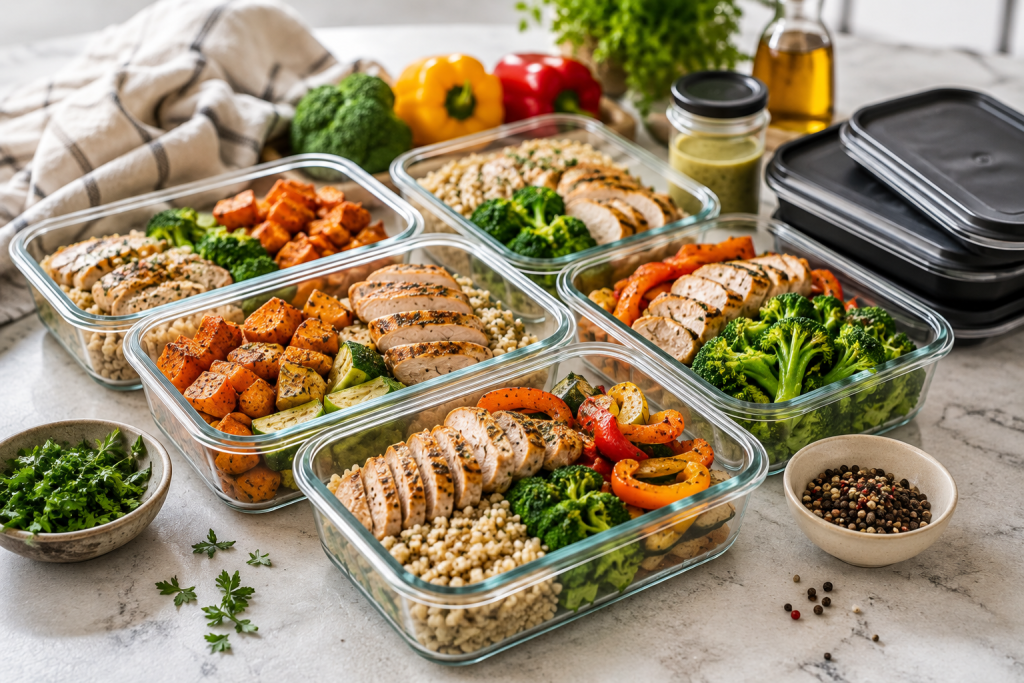 Healthy meal-prep containers filled with grilled chicken, vegetables, brown rice, and other protein-rich foods.