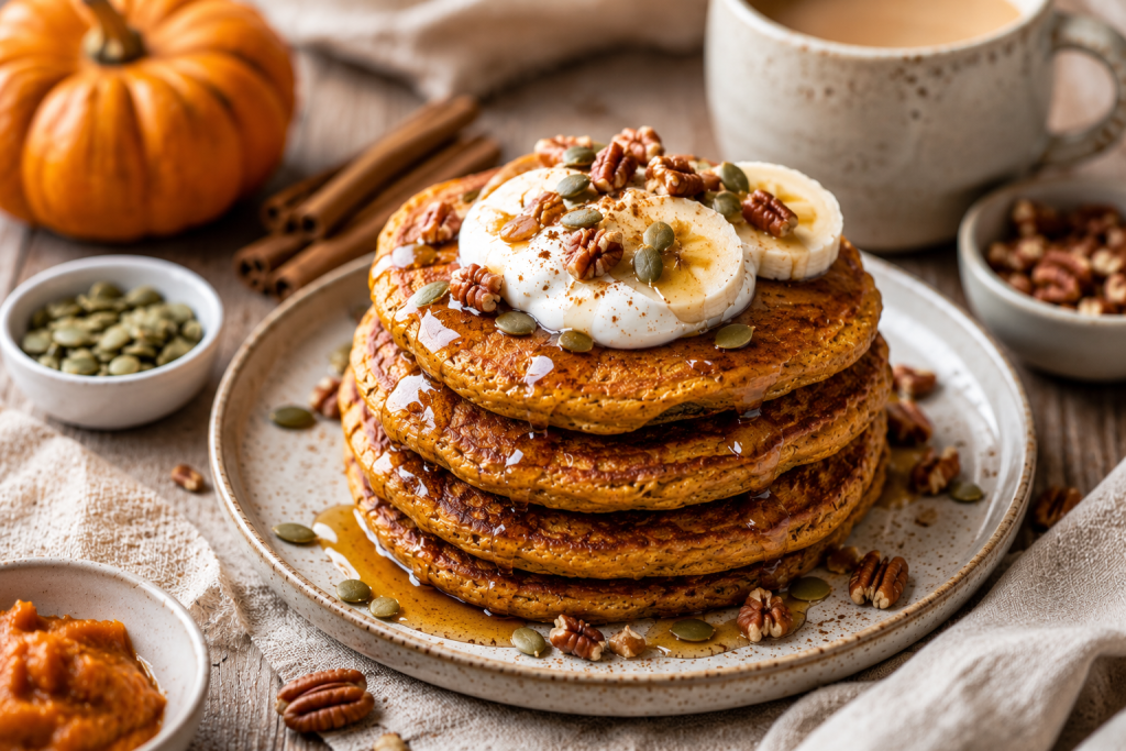 Freshly cooked pumpkin protein pancakes served with healthy toppings and warm fall spices.