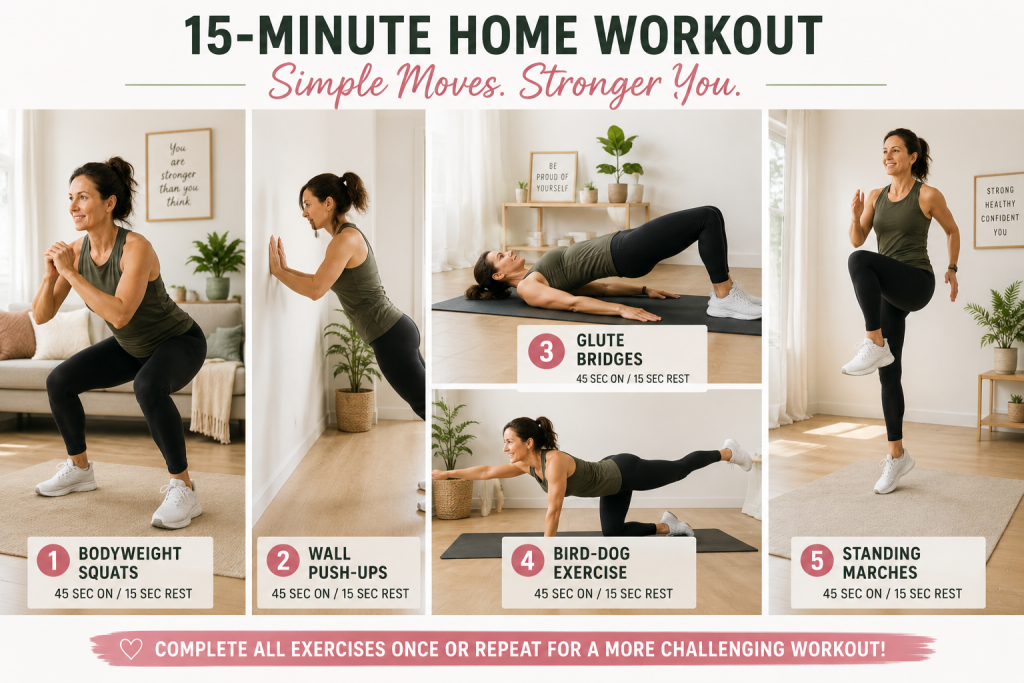 Woman performing bodyweight squats and wall push-ups during a short home workout routine. 15-minute home workout for women over 40