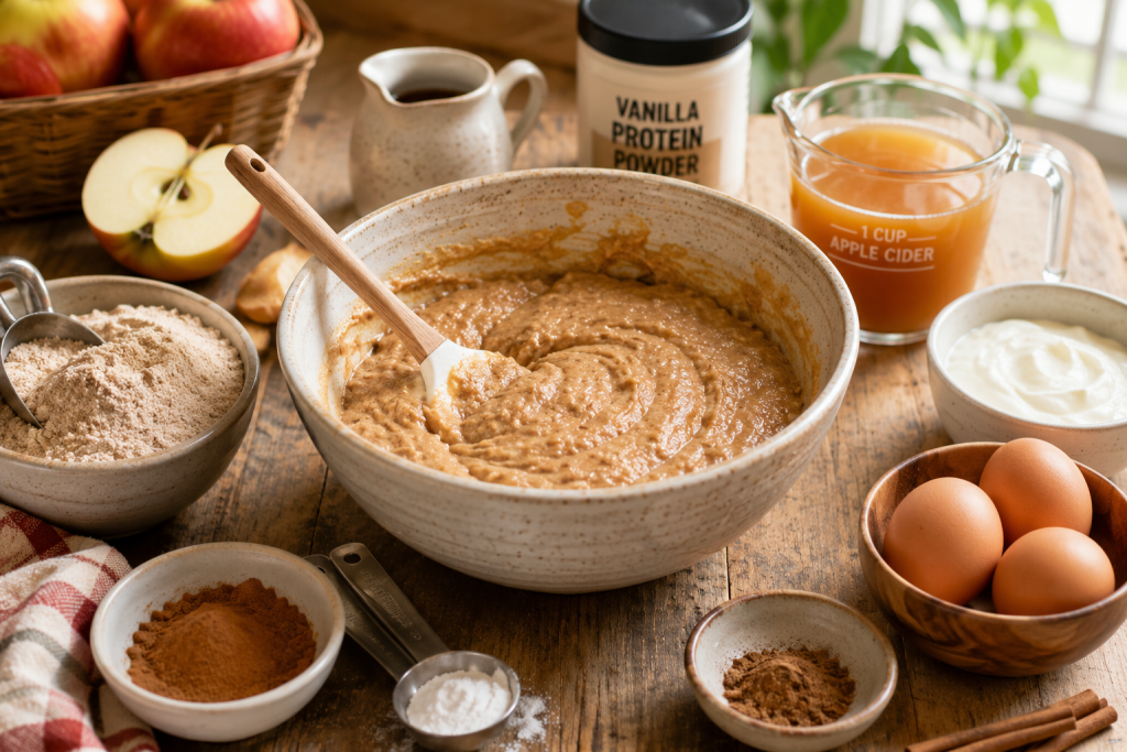 A close-up food photography scene showing the preparation of an Apple Cider Protein Donut Cake. A mixing bowl contains the batter while fresh apples, apple cider, cinnamon, measuring cups, and baking ingredients are arranged on a kitchen counter. Step-by-step baking atmosphere. No finished cake visible. Bright natural lighting.