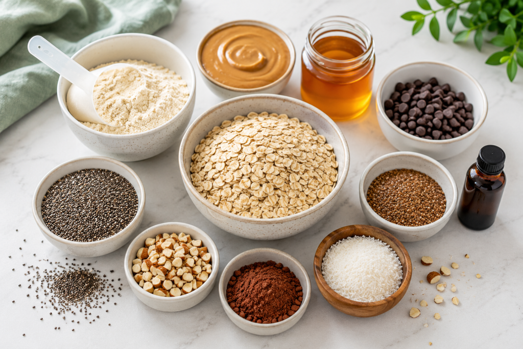 Ingredients for homemade high protein balls including rolled oats, vanilla protein powder, peanut butter, chia seeds and honey arranged neatly on a bright kitchen countertop.