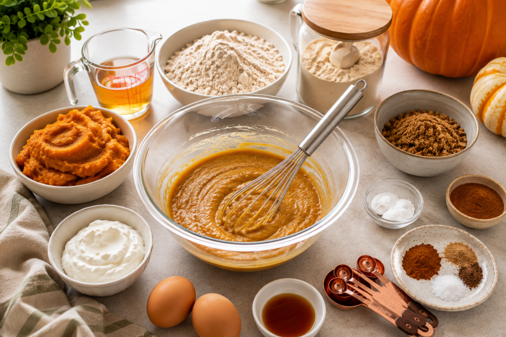 Preparing high protein pumpkin bread with pumpkin puree, Greek yogurt, flour, cinnamon, measuring cups, and baking ingredients on a kitchen counter.