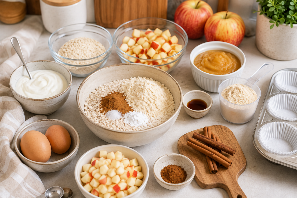 Preparing apple cinnamon protein muffins with fresh apples, cinnamon, Greek yogurt, flour, and baking ingredients arranged on a kitchen counter.