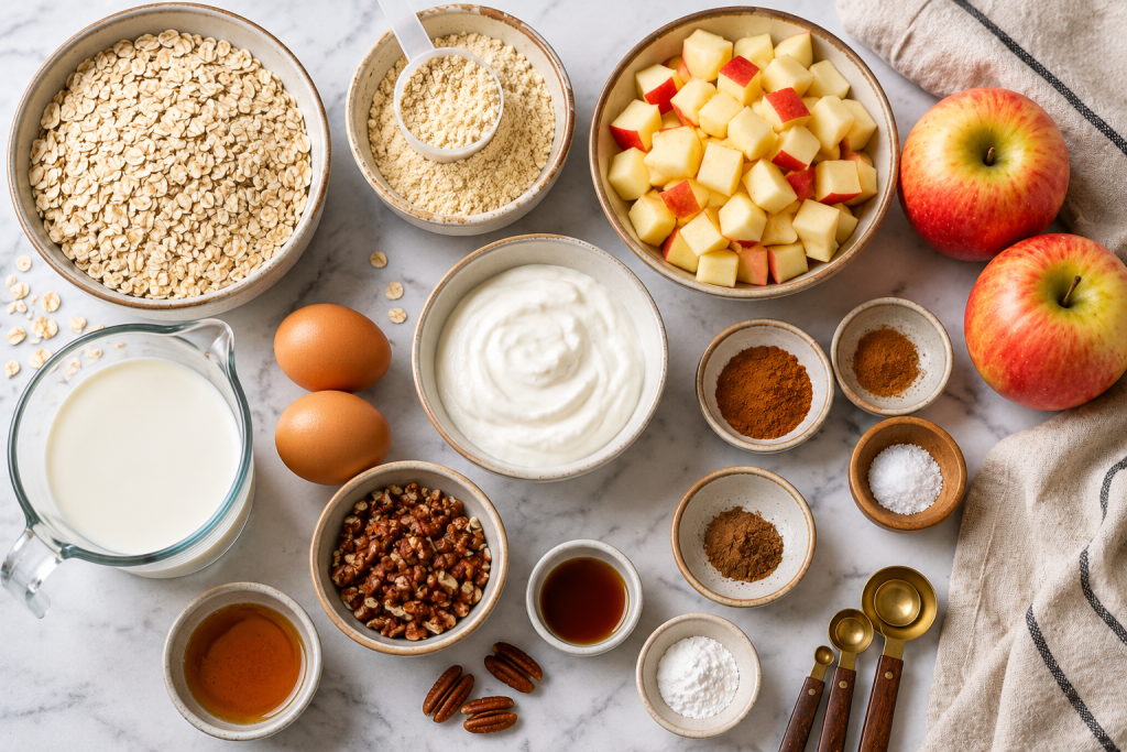 Ingredients for cinnamon apple baked oatmeal, including oats, apples, cinnamon, Greek yogurt, protein powder, eggs, and pecans arranged on a kitchen counter.