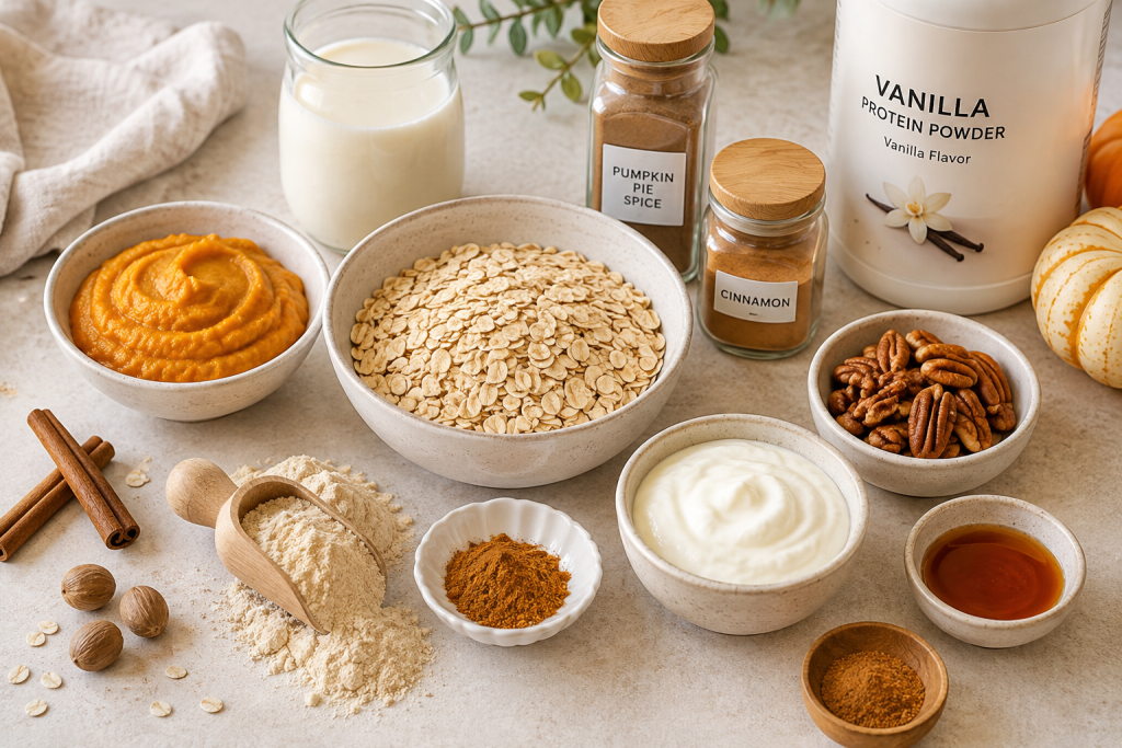 Ingredients for pumpkin spice overnight oats, including oats, pumpkin puree, Greek yogurt, protein powder, cinnamon, pumpkin pie spice, milk, and pecans arranged on a kitchen countertop.