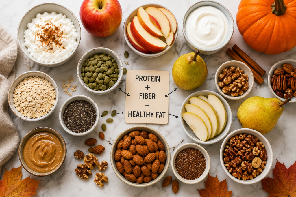Healthy snack ingredients, including apples, pears, Greek yogurt, pumpkin seeds, nuts, oats, and cinnamon, arranged to demonstrate how to build a balanced fall snack.