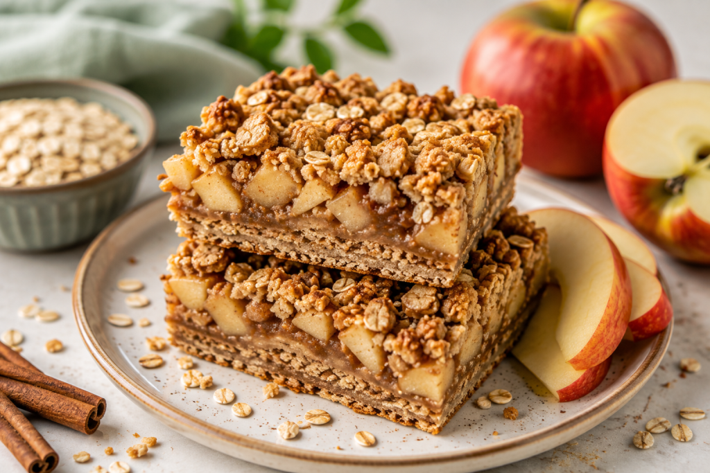 Apple crumble protein bar with baked apples, oats and cinnamon as a healthy high protein snack.