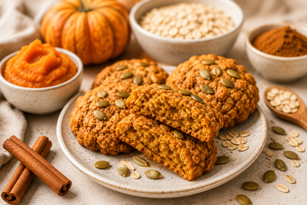Soft pumpkin protein cookies with oats, pumpkin puree and cinnamon, showing their tender texture as a healthy fall snack.