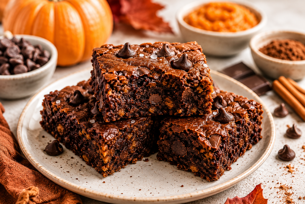 Fudgy Pumpkin Chocolate Brownies with rich cocoa flavor, pumpkin puree and warm pumpkin spice, served as a healthy fall treat.