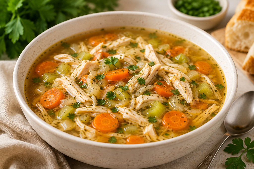 Homemade slow cooker chicken soup with shredded chicken, carrots, celery, herbs, and warm flavorful broth.