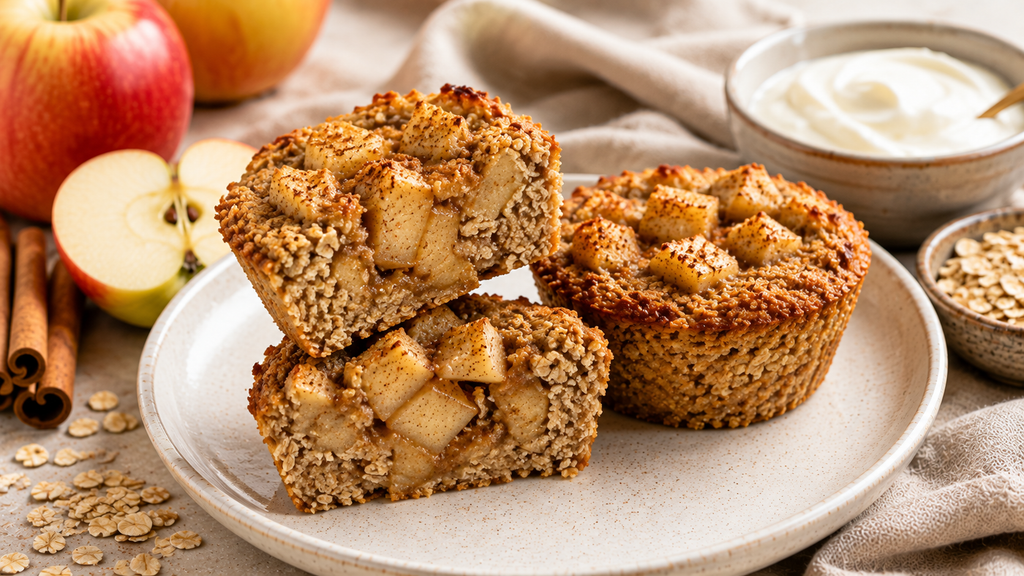 Soft baked apple protein cups with cinnamon apples and oats, served as a cozy high-protein fall snack.