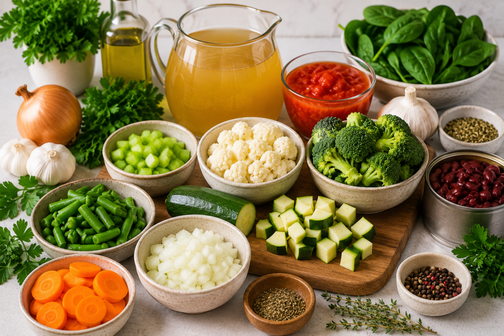 Fresh vegetables including carrots, celery, onions, broccoli, zucchini, garlic, herbs, and vegetable broth arranged on a bright kitchen countertop for homemade healthy soup.