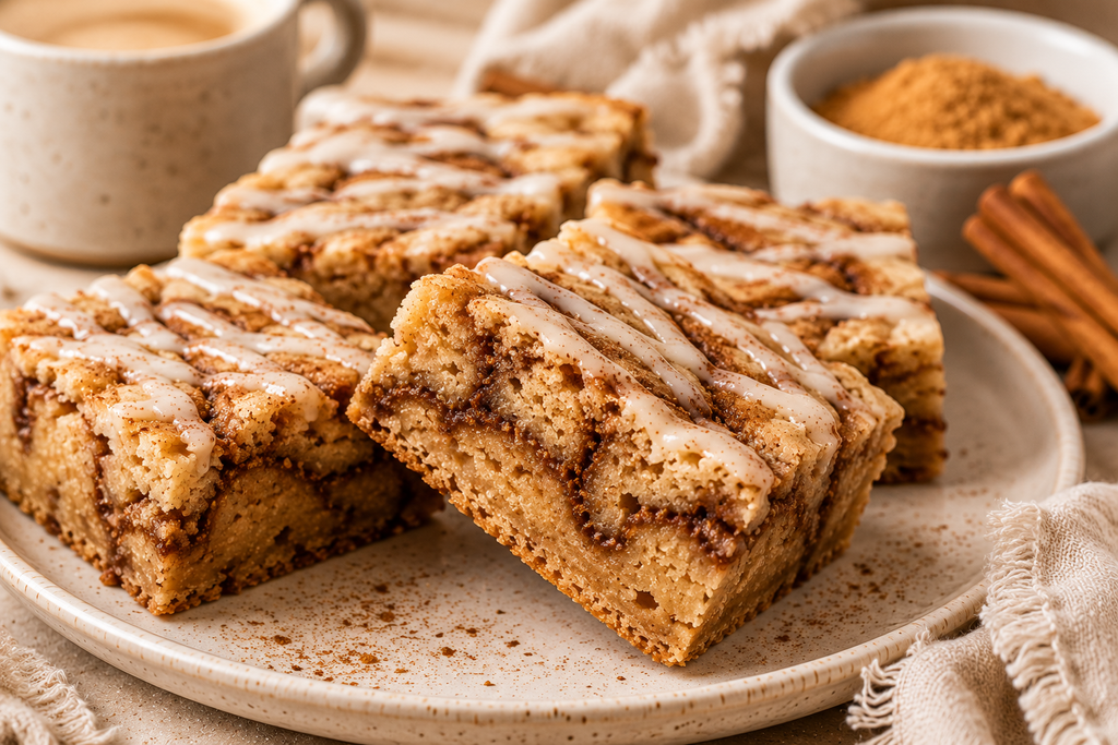 Soft Cinnamon Roll Blondies with visible cinnamon swirls and vanilla glaze, perfect for a cozy fall dessert.