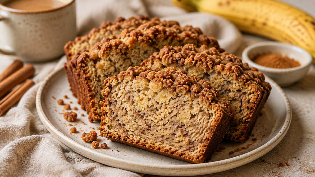 Moist cinnamon crunch banana bread slices with a golden crispy cinnamon topping, perfect for a cozy fall breakfast or snack.