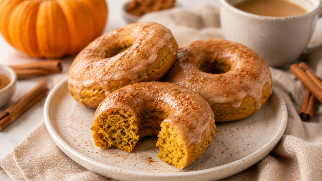 Soft baked pumpkin protein donuts with pumpkin spice glaze, showing a moist tender center and cozy fall flavor.