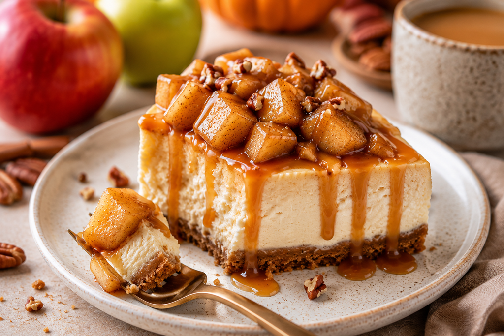 Slice of creamy caramel apple protein cheesecake with cinnamon apples, caramel drizzle, and a simple cookie crust.