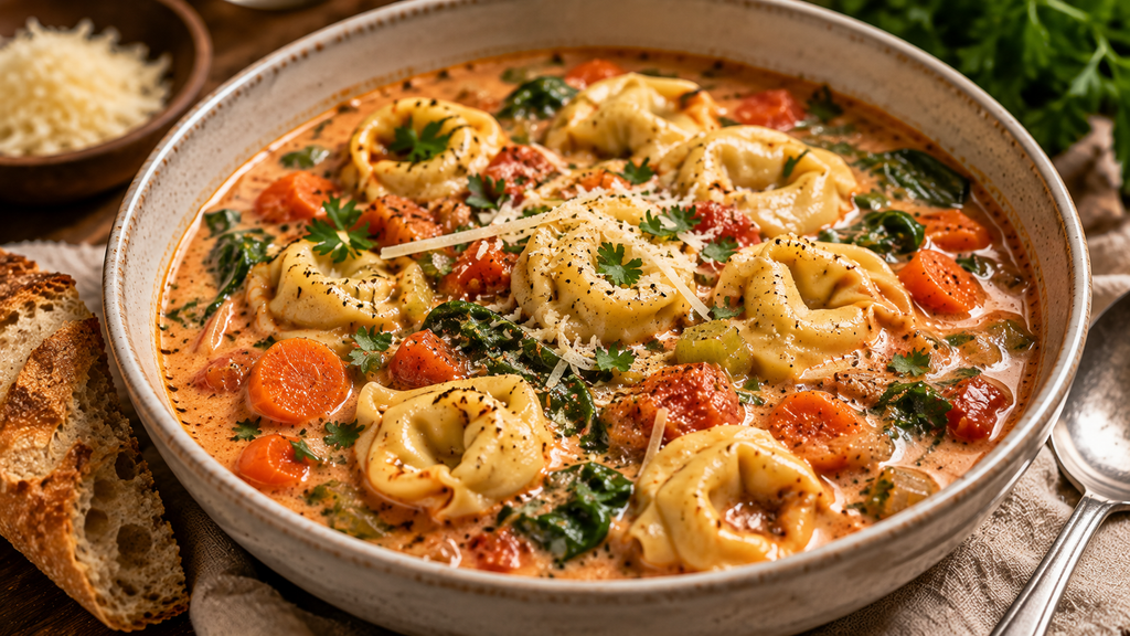 Creamy tortellini soup with tender cheese tortellini, vegetables, spinach, and Parmesan served with crusty bread.