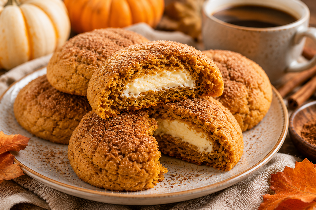 Soft pumpkin cheesecake cookie broken open to reveal a creamy cheesecake center, surrounded by cozy fall baking accents.